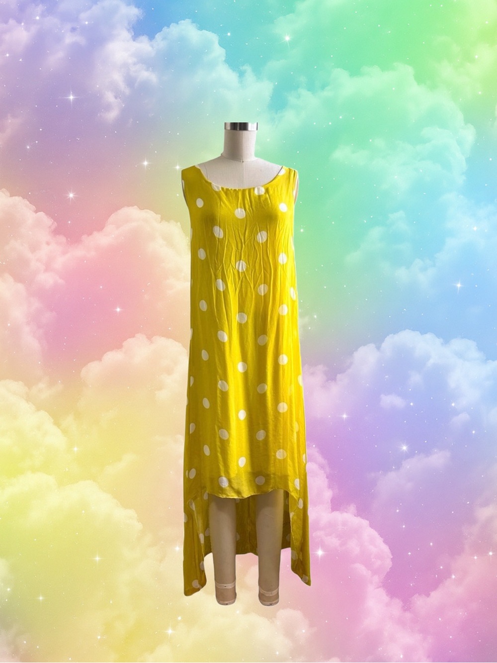 Jlenia  Italy 100% Silk Asymmetrical Polka Dot print Yellow Silk Dress  M NWT